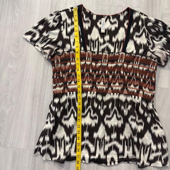 L.A. Blues Blouse Women Ikat Print Smocked Waist Black White Rust Boho Blouse L - Picture 4 of 12